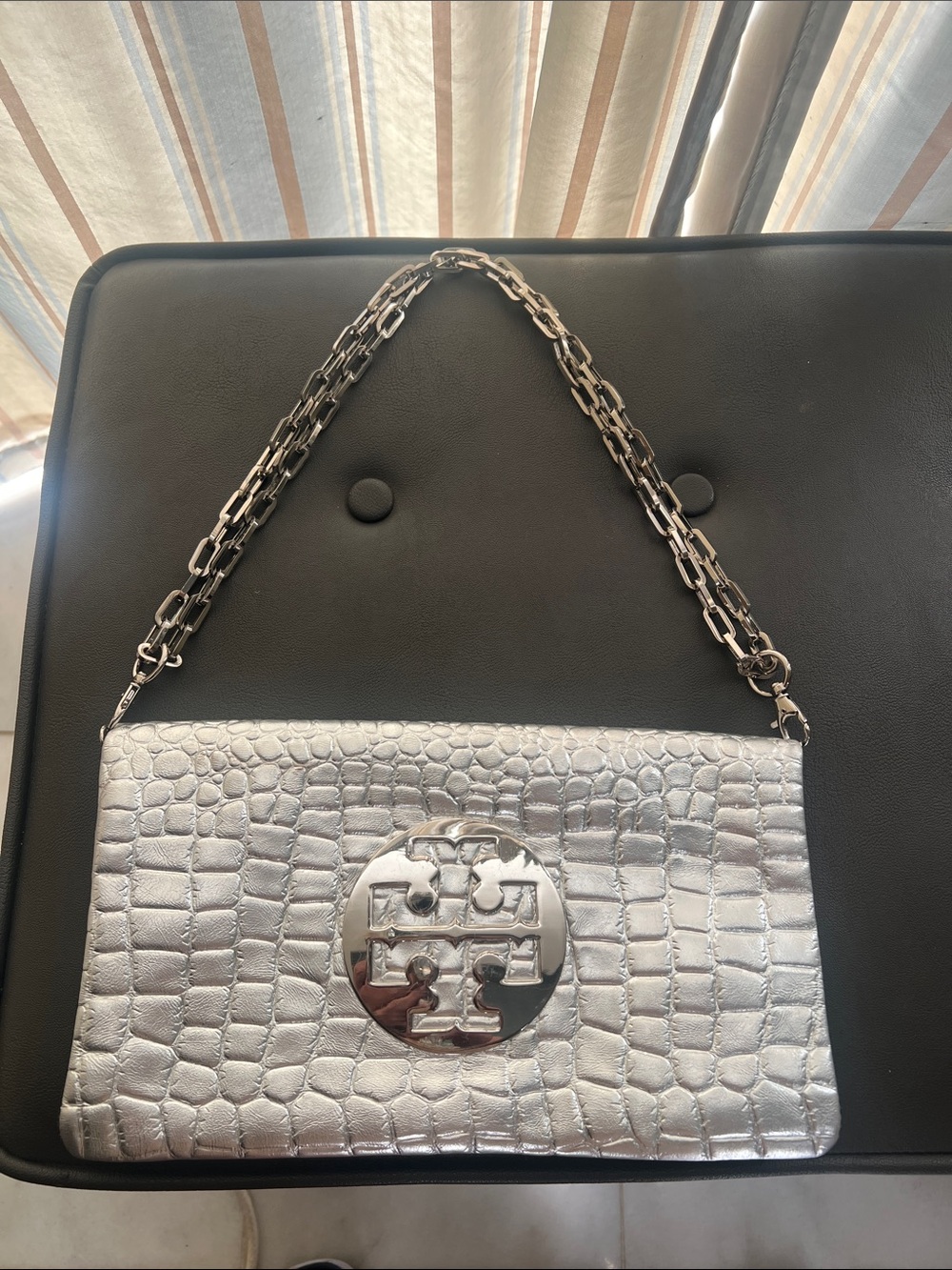 Tory Burch Metallic Silver Croc-Embossed Chain Shoulder Bag